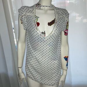 DR2 Daniel Rainn White w/Blk Polka Dot Sz S Double V Neck Top Blouse Strap Back